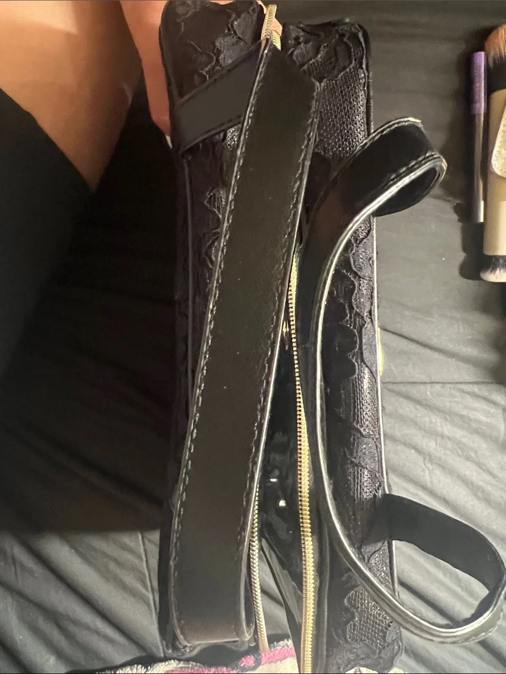 Victoria's Secret Black Lace Cosmetics Bag with Gold Logo Accent